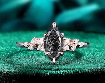 Marquise Cut Salt and Pepper Diamond Engagement Ring 14K Rose Gold Gray Diamond Snowdrift Promise Ring Natural Black Diamond Wedding Ring
