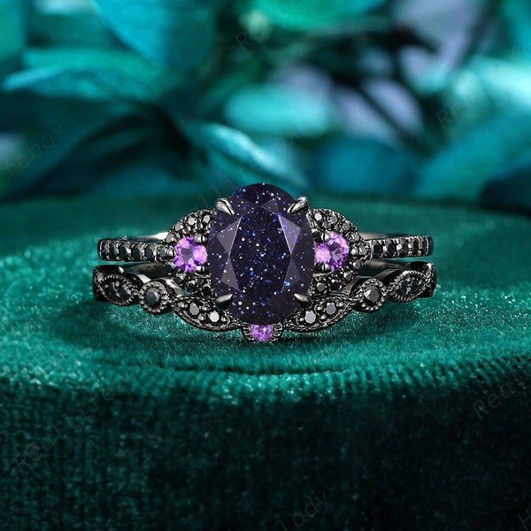 Gothic Nebula Blue Sandstone Engagement Ring Set, Rhodium Black Gold Oval Goldstone Bridal Set,Amethyst Black Moissanite Witchy Promise Ring