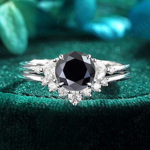Round Shape Black Moissanite Bridal Set, Cluster Black Moissanite Engagement Ring Set,14K White Gold Stacking Promise Wedding Ring for Women