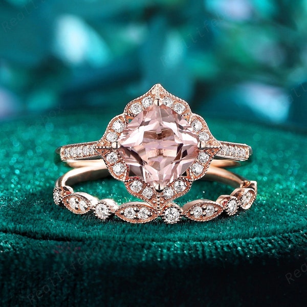 Halo Cushion Cut Pink Morganite Engagement Ring Set Milgrain Half Eternity Bridal Set Rose Gold Natural Peach Morganite Promise Ring for Her