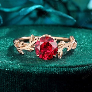 Solitaire ronde vorm Ruby verlovingsring, vintage bladvorm belofte ring voor vrouwen, natuur geïnspireerd Twig Red Ruby trouwring cadeau