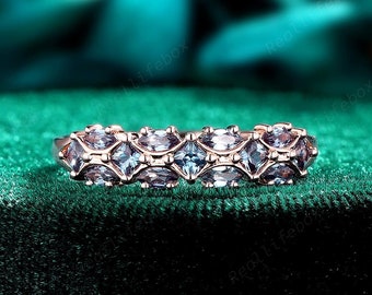Delicate Princess Cut Alexandrite Wedding Band Marquise Color Change Stone Engagement Band 14K Rose Gold Half Eternity Stacking Promise Band
