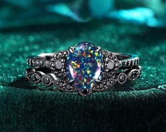Oval Cut Black Fire Opal Engagement Ring Gothic Mixed Fire Opal Bridal Set Rhodium Black Gold October Birthstone Witchy Promise Wedding Ring