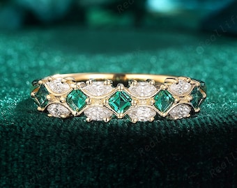 Vintage Square Emerald Wedding Band, Marquise Moissanite Bridal Matching Band, Half Eternity 14K Solid Gold Engagement Band Enhancer for Her