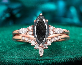 Vintage Marquise Shape Salt and Pepper Diamond Bridal Set 18K Rose Gold Engagement Ring for Women Natural Black Diamond Promise Wedding Ring