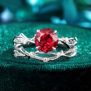 Vintage Round Shape Ruby Engagement Ring Set, Natural Twig Branch Red Ruby Bridal Set,Unique Platinum July Birthstone Promise Ring for Women