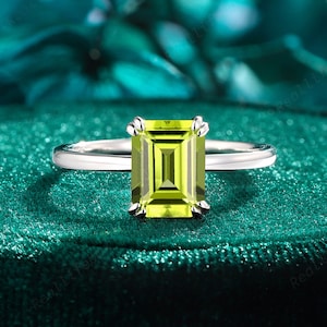 Solitaire Emerald Cut Peridot Engagement Ring, 14K White Gold Natural Green Peridot Wedding Ring, Unique August Birthstone Promise Ring