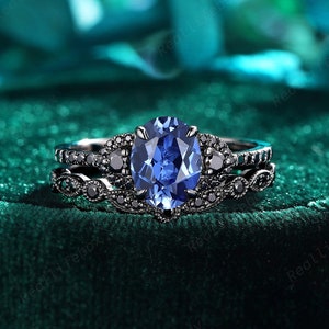 Black Gold Oval Shape Sapphire Engagement Ring Set, Gothic Rhodium Black Moissanite Promise Ring Set, Cornflower Blue Sapphire Bridal Set