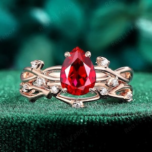 Vintage Pear Cut Red Ruby and Diamond Bridal Set, 14K Rose Gold Twig Branch Engagement Ring, Nature Inspired Wedding Promise Ring for Women