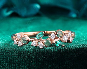 Marquise Emerald and Diamond Wedding Band Vintage Natural Moss Agate Stacking Engagement Band Delicate Twig Branch Anniversary Gift for Her