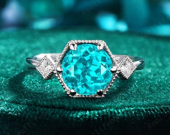 3 Carats Round Shape Paraiba Neon Blue Tourmaline Engagement Ring Set, Milgrain Bluish Green Tourmaline Bridal Set, Peacock Gemstone Ring