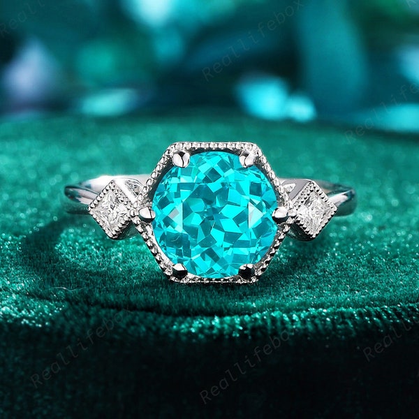 3 Carats Round Shape Paraiba Neon Blue Tourmaline Engagement Ring Set, Milgrain Bluish Green Tourmaline Bridal Set, Peacock Gemstone Ring