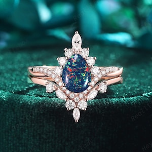 Unique Black Fire Opal Halo Engagement Ring Set, Vintage 14K Rose Gold Black Opal Wedding Ring Bridal Set, V Shape Promise Ring Gift for her