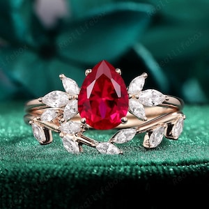 Vintage Pear Cut Ruby Elvish Bridal Set 14K Rose Gold Twig Branch Engagement Ring Set Nature Inspired Wedding Ring Anniversary Gift for Her