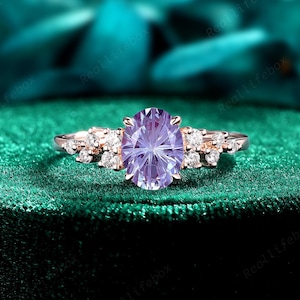 Vintage Firework Cut Alexandrite Engagement Ring 14K Rose Gold June Birthstone Wedding Ring Oval Shape Alexandrite Snowdrift Promise Ring