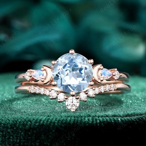 Nature Inspired Round Cut Aquamarine Bridal Set, Vintage Blue Moonstone Engagement Ring Set,  14K Rose Gold Crescent Promise Ring for Women