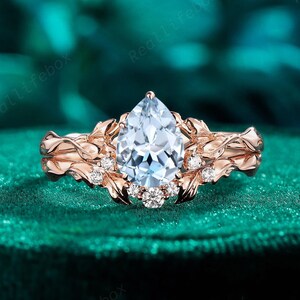 Pear Natural Aquamarine and Diamond Engagement Ring Set, 14K Rose Gold Twig Leaf Bridal Set, March Birthstone Promise Wedding Ring for Women