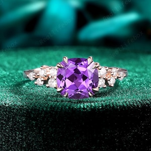 Vintage Cushion Cut Purple Sapphire Engagement Ring 14K Rose Gold September Birthstone Wedding Ring Violet Sapphire Snowdrift Promise Ring
