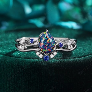 Gothic Pear Black Fire Opal Bridal Set, Facet Black Opal Engagement Ring Set,Rhodium Black Gold Blue Sapphire Promise Wedding Ring for Women