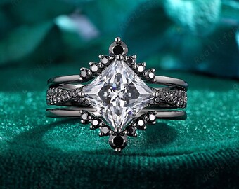 3PCS Princess Cut Gray Moissanite Engagement Ring Set, Gothic Crossover Black Witchy Promise Ring,Rhodium Black Gold Bridal Set Gift for Her