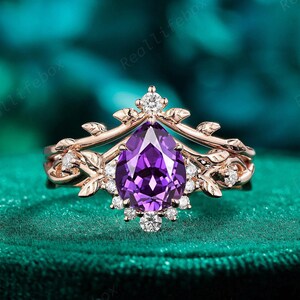 Pear Cut Purple Sapphire Engagement Ring Set 14K Rose Gold Nature Inspired Twig Leaf Bridal Set September Birthstone Wedding Promise Ring