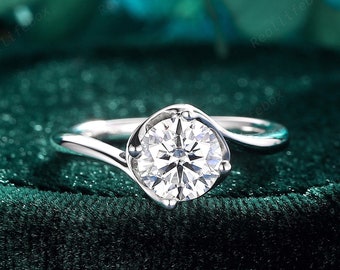 Bague de fiançailles solitaire en moissanite de forme ronde, 1 carat, bague florale en argent 925, promesse de mariage en moissanite bleu clair rose champagne