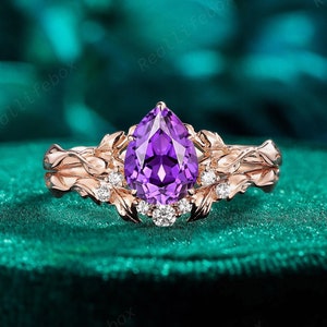 Pear Cut Violet Sapphire Engagement Ring Set Twig Leaf 14K Rose Gold Purple Sapphire Bridal Set Vintage Elvish Wedding Promise Ring for Her