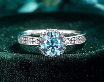 Anillo de compromiso de moissanita azul de forma redonda de alto perfil, anillo de promesa de moissanita rosa/claro / champán plata 925 anillo de boda de halo oculto