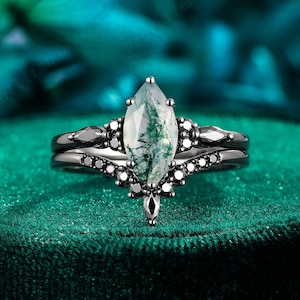 Natural Marquise Moss Agate Gothic Bridal Set, Rhodium Black Gold Green Aquatic Agate Engagement Ring Set, Vintage Promise Ring for Women