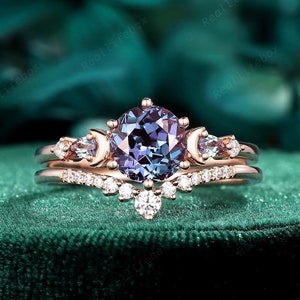 Crescent Round Cut Alexandrite Engagement Ring Set 14K Rose Gold Color Change Stone Bridal Set June Birthstone Promise Wedding Ring for Her