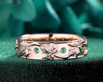 Round Emerald Maple Leaf Men&#39;s Wedding Band, Vintage Full Eternity Twig Leaf Engagement Band, 14K Rose Gold 5mm His Stacking Promise Band
