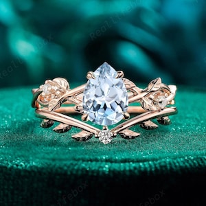 Pear Natural Aquamarine and Diamond Bridal Set, 14K Rose Gold March Birthstone Engagement Ring Set, Fantasy Twig Leaf Promise Ring for Women