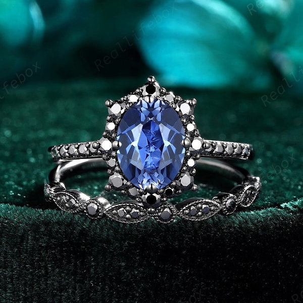 Oval Cornflower Blue Sapphire Engagement Ring Set, Gothic Rhodium Black Gold Starburst Bridal Set, Halo Black Moissanite Witchy Promise Ring