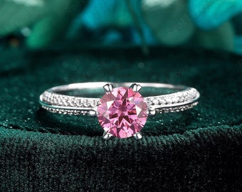 Runder rosa Moissanite-Verlobungsring, hochkarätige Tulpeneinstellungs-Versprechensring, blauer / Champagner Moissanite-Silber versteckter Halo-Ehering