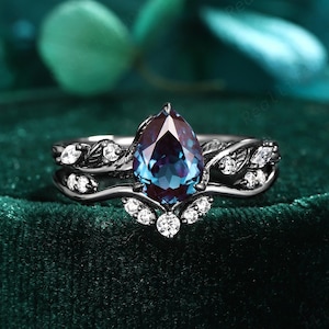 Gothic Black Pear Shape Alexandrite Engagement Ring Set, Unique Rhodium Black Alexandrite Promise Ring, Witchy Ring Anniversary Gift for her