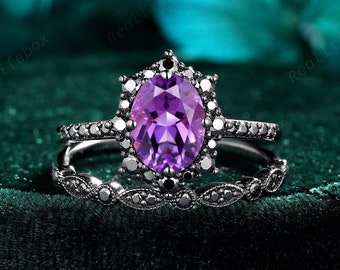 Oval Cut Natural Amethyst Gothic Engagement Ring Set Rhodium Black Gold Black Moissanite Witchy Bridal Set February Birthstone Wedding Ring