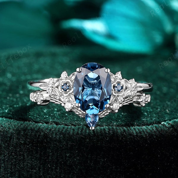 Platinum Oval Shape London Blue Topaz Engagement Ring Set, Floral Nature Inspired Topaz Bridal Set, 14K White Gold Promise Wedding Ring Gift