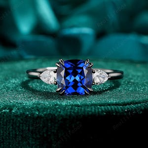 Cushion Cut Cornflower Blue Sapphire Engagement Ring Vintage September Birthstone Promise Ring 14K Black Gold Gothic Wedding Ring for Women