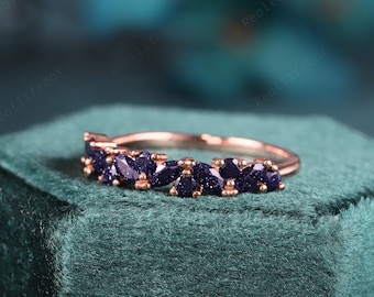 Vintage Blue Sandstone Promise Ring, Rose Gold Blue Sandstone Quartz Wedding Band, Galaxy Stone Matching Band Anniversary Ring Gift for her