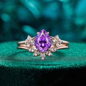 Vintage Pear Cut Violet Sapphire Engagement Ring Set 14K Rose Gold Purple Sapphire Twig Leaf Bridal Set Fantasy Floral Wedding Promise Ring