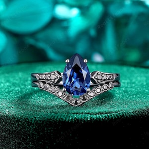Pear Cut Cornflower Blue Sapphire Bridal Set Rhodium Black Gold Milgrain Engagement Ring Set Gothic September Birthstone Witchy Promise Ring