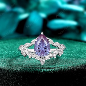 Platinum Firework Cut Alexandrite Engagement Ring 14K White Gold Pear Cut Alexandrite Wedding Ring Vine Leaf Split Promise Ring Gift for Her