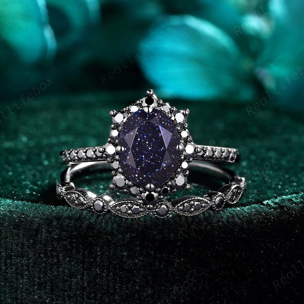 Gothic Nebula Blue Sandstone Engagement Ring Set, Oval Cut Blue Goldstone Witchy Bridal Set, Rhodium Black Gold Halo Wedding Ring for Women