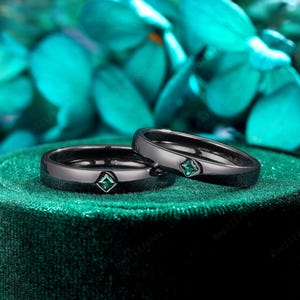 Princess Cut Emerald Couple Promise Ring Set Rhodium Black Gold May Birthstone Plain His and Hers Wedding Band Gothic Witchy Engagement Ring