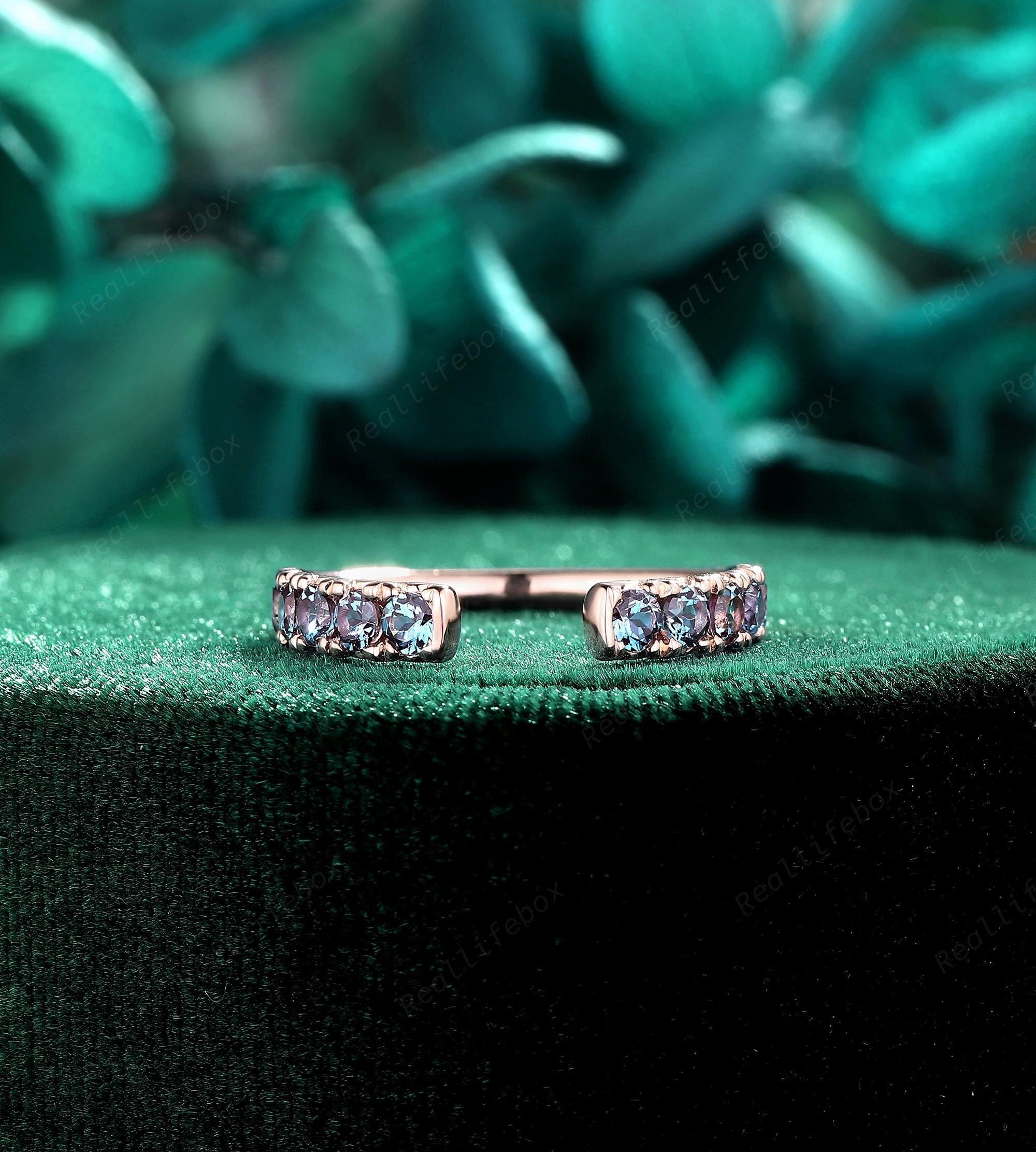 Delicate Round Cut Alexandrite Wedding Band, Vintage June Birthstone Stacking Promise Band, 14K Rose Gold Open Gap Engagement Band for Women