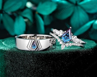 Platinum Kite Cut Alexandrite Couples Promise Ring Crescent His and Hers Wedding Band 14K White Gold Engagement Ring Moon Phase Bridal Set