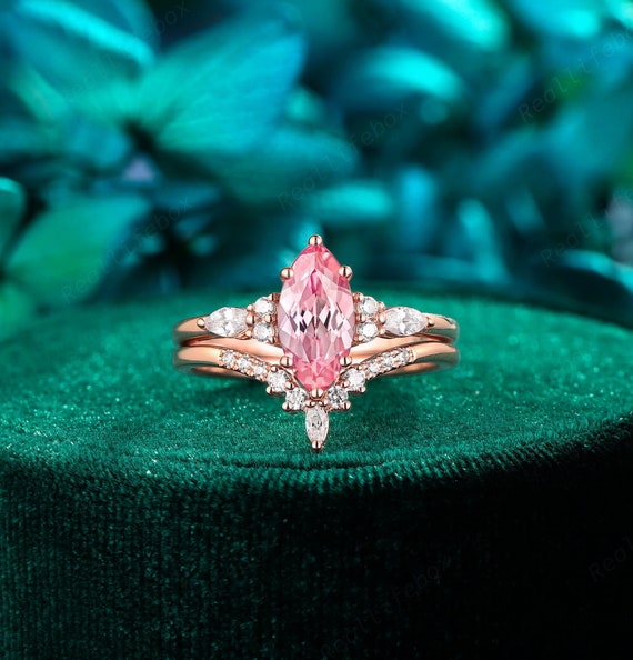 Marquise Pink Sapphire Engagement Ring Set 14K Rose Gold Padparadscha Girly Pink Sapphire Bridal Set Unique Promise Wedding Ring for Women
