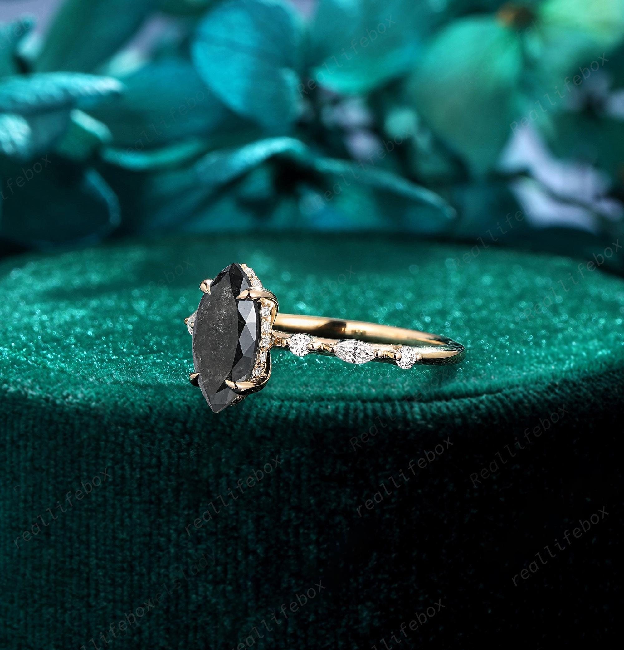 Marquise Cut Salt and Pepper Diamond Engagement Ring 14K Yellow Gold Gray Diamond Knife Edge Promise Ring Hidden Halo Wedding Ring for Women