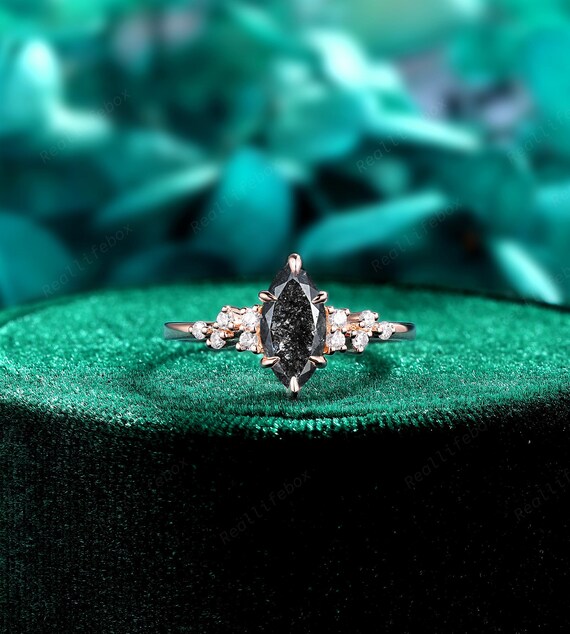 Marquise Cut Salt and Pepper Diamond Engagement Ring 14K Rose Gold