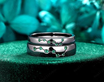 Gothic Round Emerald His and Hers Wedding Band Rhodium Black Gold Big Dipper Witchy Couple Promise Ring Constellation Celestial Bridal Set
